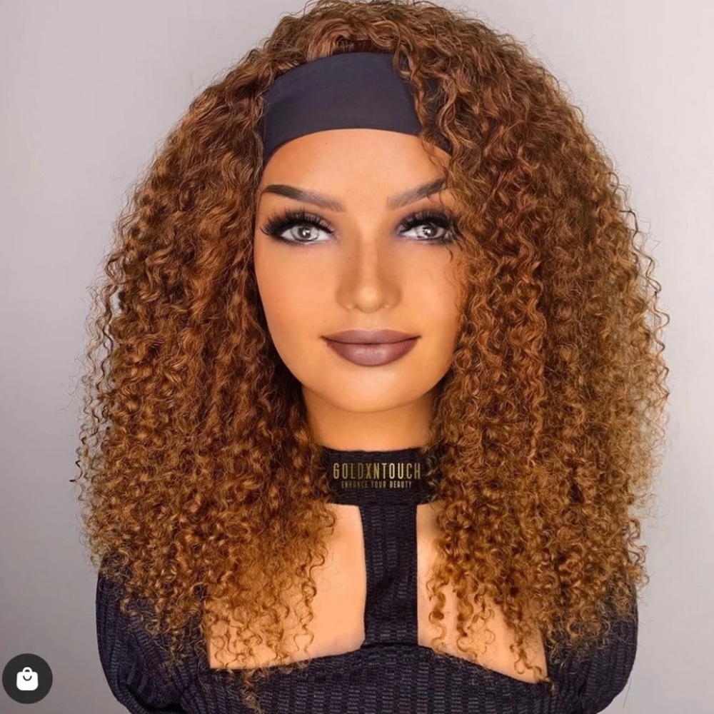 100% Human Hair | 18" Kinky Curly Light Brown Highlighted Headband Wig